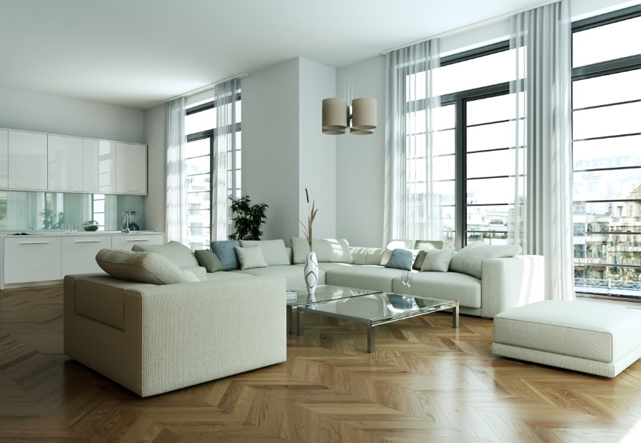 Salon d’un appartement meublé, moderne et lumineux avec vue sur Paris